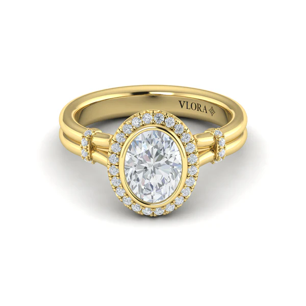 14k Yellow Gold Diamond Accent Bezel Oval Halo Engagement Ring Image 3 Elgin's Fine Jewelry Baton Rouge, LA