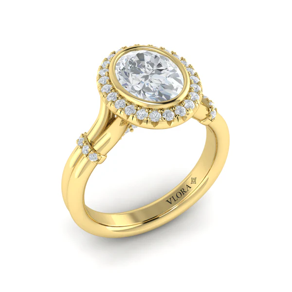 14k Yellow Gold Diamond Accent Bezel Oval Halo Engagement Ring Elgin's Fine Jewelry Baton Rouge, LA