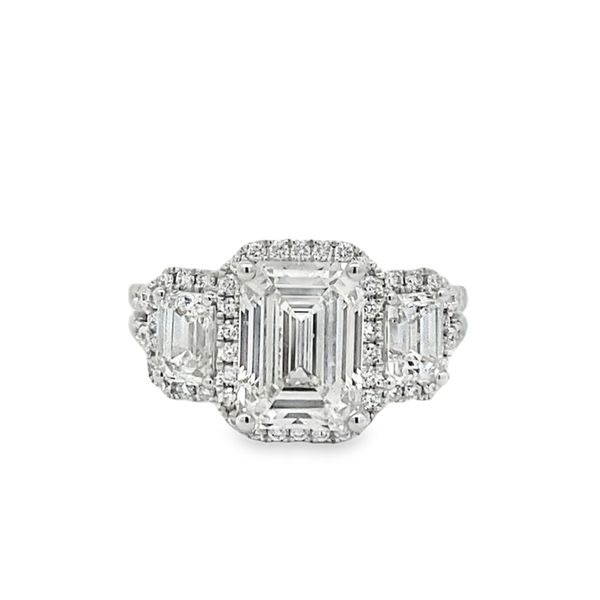 14kt White Gold Lab Grown Diamond Three Stone Halo Ring Elgin's Fine Jewelry Baton Rouge, LA