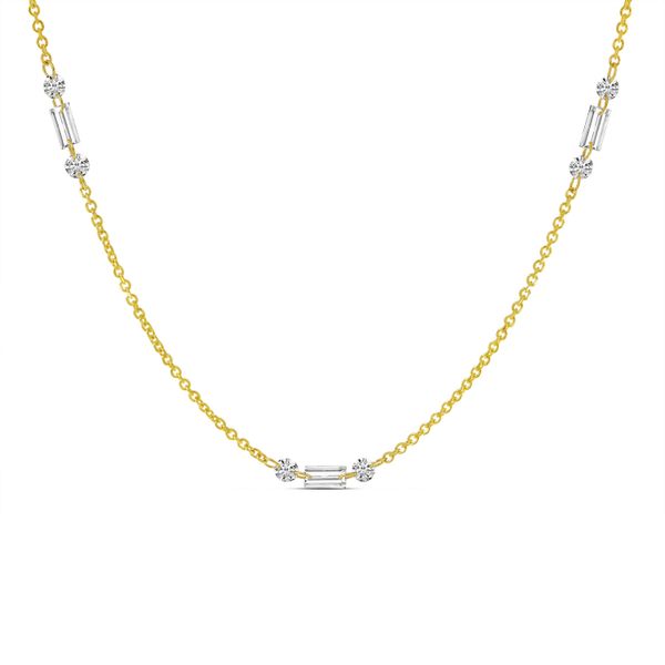14kt Yellow Gold Round Baguatte Pierced Diamond Station Necklace Elgin's Fine Jewelry Baton Rouge, LA