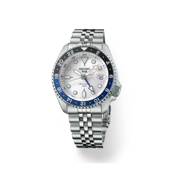 Mens Seiko 5 Sports SS Automatic GMT Watch Silver Dial Elgin's Fine Jewelry Baton Rouge, LA