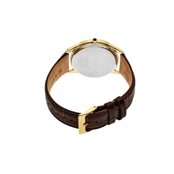 Mens Seiko Gold Tone 39mm Watch w White Dial & Brown Leather Strap Image 2 Elgin's Fine Jewelry Baton Rouge, LA