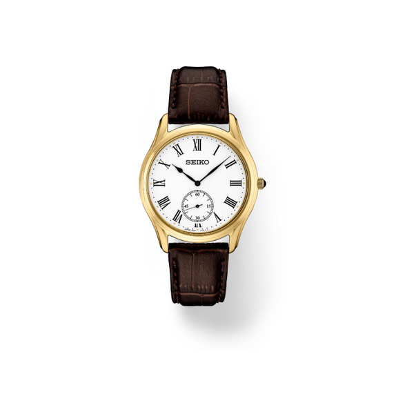 Mens Seiko Gold Tone 39mm Watch w White Dial & Brown Leather Strap Elgin's Fine Jewelry Baton Rouge, LA