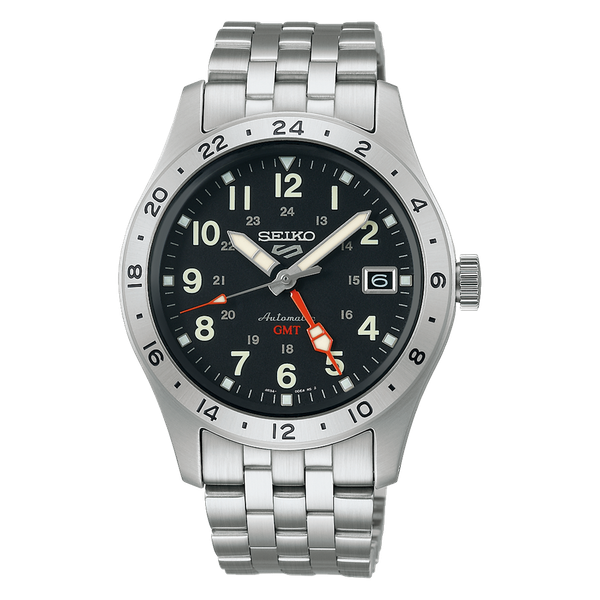 Gents Seiko 5 Sports Field Stainless Steel Automatic GMT Watch with Black Dial Elgin's Fine Jewelry Baton Rouge, LA