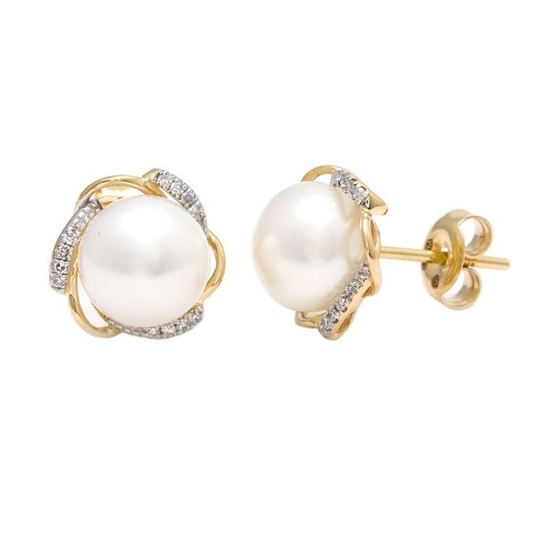 14K Yellow Gold Pearl and Diamond Stud Earrings Elgin's Fine Jewelry Baton Rouge, LA