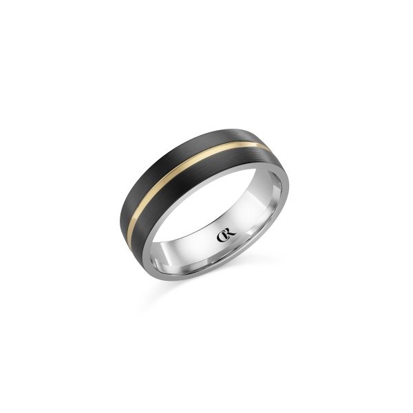 Men's 14kt Yellow Gold and Silver Wedding Band with Black Ceramic Elgin's Fine Jewelry Baton Rouge, LA