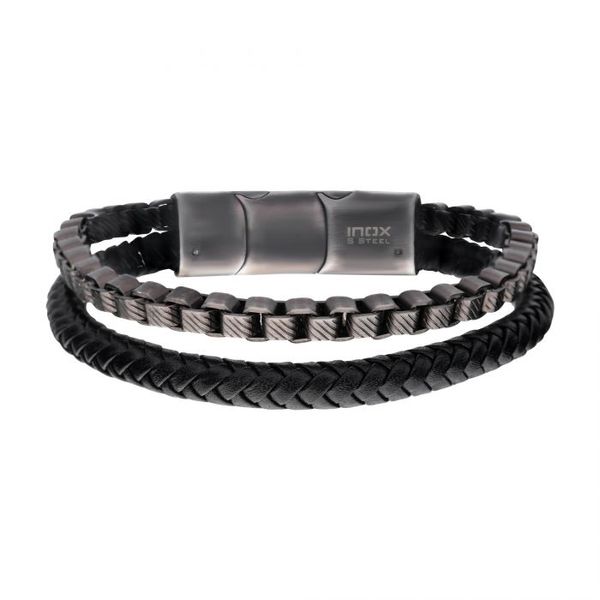 Men's Stainless Steel and Leather Stacking Duo Bracelet Elgin's Fine Jewelry Baton Rouge, LA