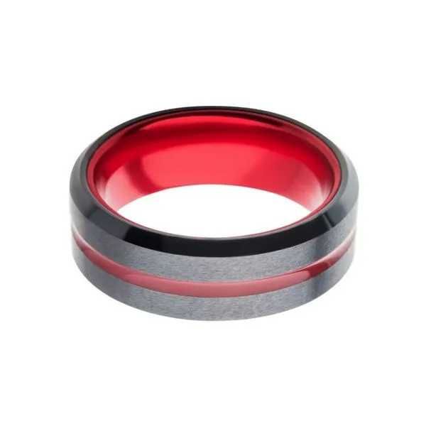 Men's Stainless Steel Black with Red Aluminum Beveled Wedding Ring Image 2 Elgin's Fine Jewelry Baton Rouge, LA