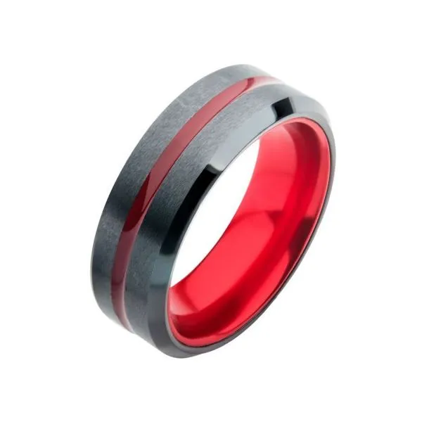 Men's Stainless Steel Black with Red Aluminum Beveled Wedding Ring Elgin's Fine Jewelry Baton Rouge, LA