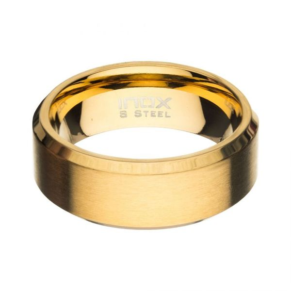 Men's 8mm Matte Stainless Steel & Gold Plated Beveled Ring Elgin's Fine Jewelry Baton Rouge, LA