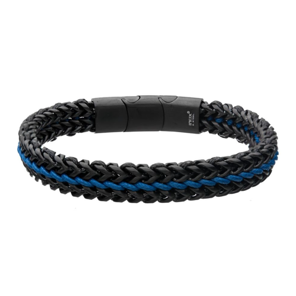 Antique Finish Black IP Stainless Steel Foxtail Chain with Blue Wax Cord Bracelet Elgin's Fine Jewelry Baton Rouge, LA