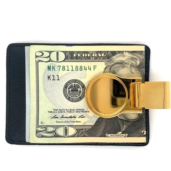 Gold Finish Engravable Money Clip with Leather Card Holder Elgin's Fine Jewelry Baton Rouge, LA