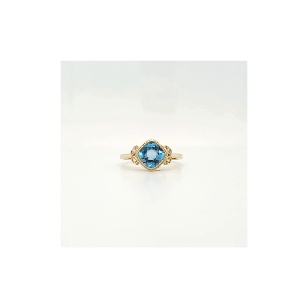 14Kt Yellow Gold Blue Topaz Fashion Ring with Diamond Leaf Design Ellsworth Jewelers Ellsworth, ME