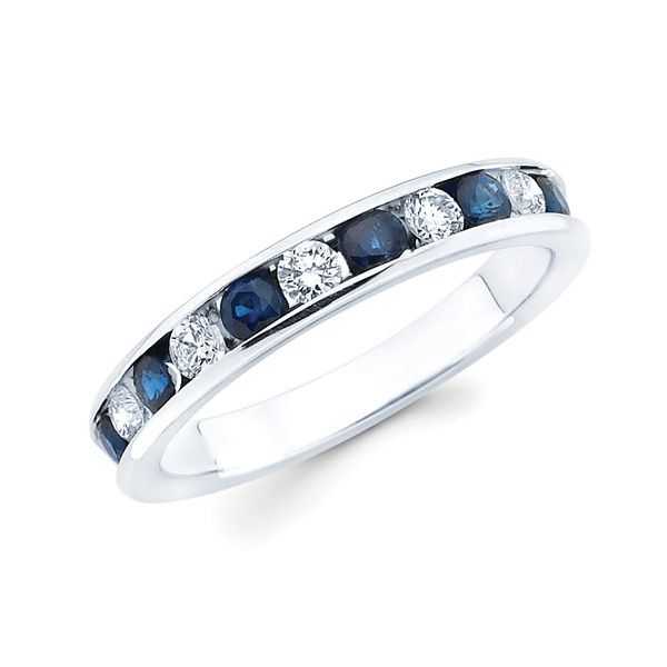 14Kt White Gold Channel Set Sapphire & Diamond Anniversary Band Ellsworth Jewelers Ellsworth, ME