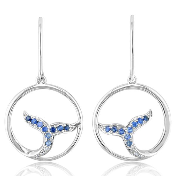 14K White Gold Blue Sapphire and Diamond Whale Tale Earrings Ellsworth Jewelers Ellsworth, ME