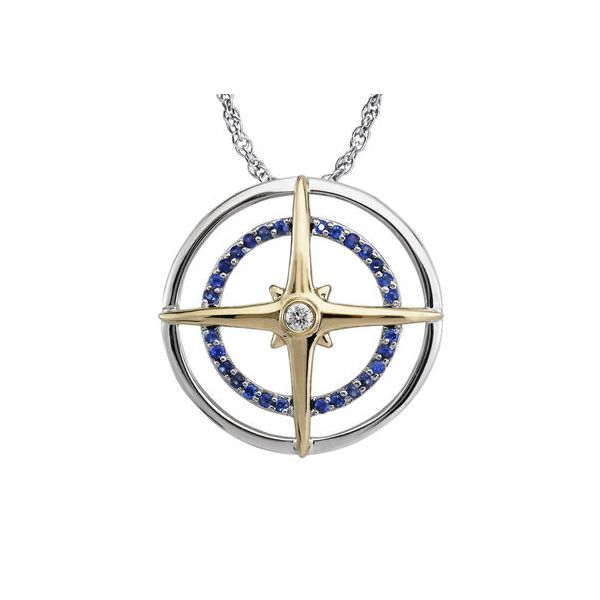 Sterling Silver and 14K Yellow Gold Blue Sapphire and Diamond Compass Pendant with 18" Box Chain Ellsworth Jewelers Ellsworth, ME