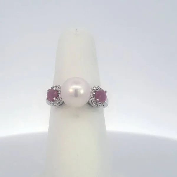 14Kt White Pearl Ring with 2 Rubies & 24 Diamonds Ellsworth Jewelers Ellsworth, ME