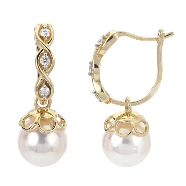 14K Yellow Gold Cultured Pearl & Diamond Hoop Earrings Ellsworth Jewelers Ellsworth, ME