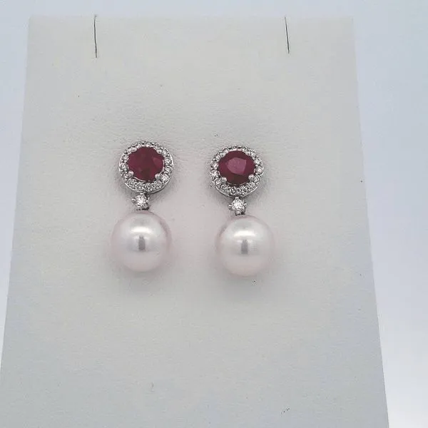 14K White Gold Pearl Drop Earrings with Rubies & Diamonds Ellsworth Jewelers Ellsworth, ME