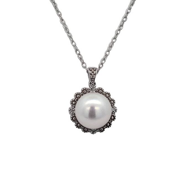 Sterling Silver 18" 9-9.5mm Button Freshwater Cultured Pearl & Diamond Pendant Ellsworth Jewelers Ellsworth, ME