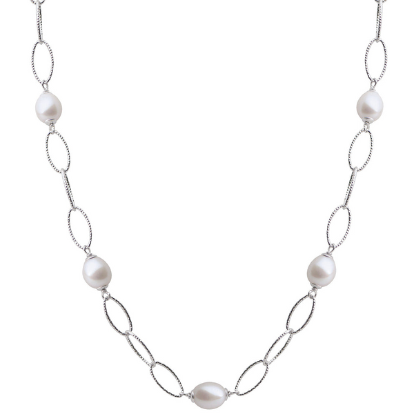 Sterling Silver Freshwater Oval Pearl Station Necklace Ellsworth Jewelers Ellsworth, ME