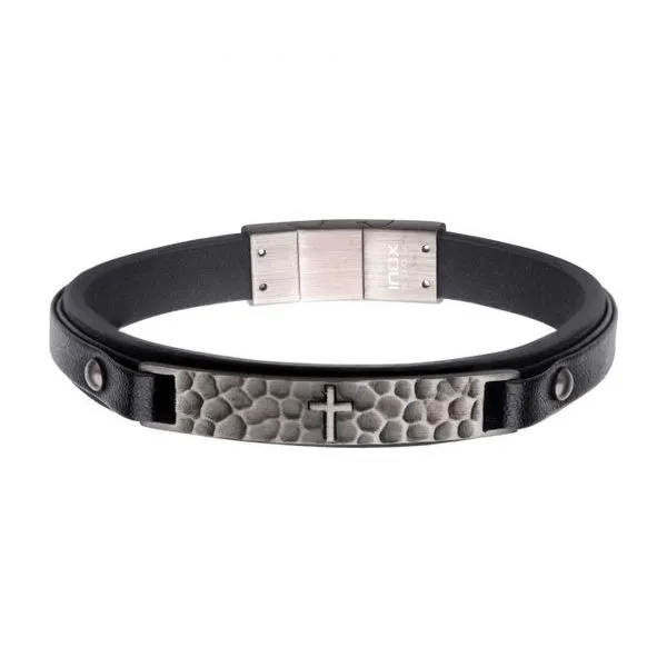 Black Leather Strapped with Cross Hammered ID Bracelet E.M. Smith Family Jewelers Chillicothe, OH