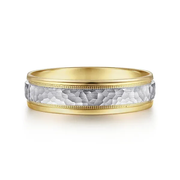 Archie - 14K White-Yellow Gold 6mm Two Tone Hammered Mens Wedding Band with Milgrain Edge Enhancery Jewelers San Diego, CA