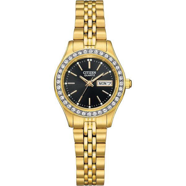 Citizen Ladies' Dress Quartz Stainless Steel Bracelet with Crystals and Day Date EQ0532-55E Watch Enhancery Jewelers San Diego, CA