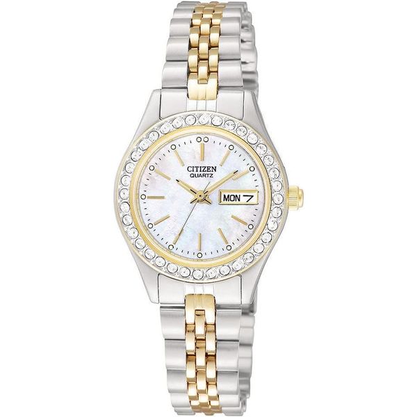 Citizen Ladies' Dress Quartz Stainless Steel Bracelet with Crystals, Mother of Pearl Dial, and Day Date EQ0534-50D Watch Enhancery Jewelers San Diego, CA