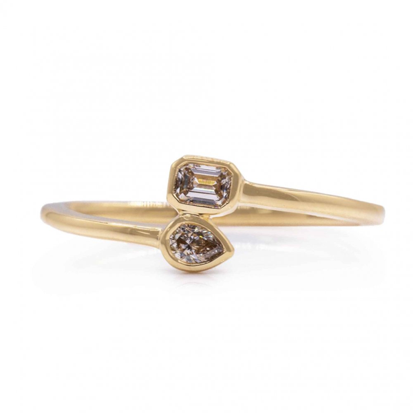 14KY Two Stone Bypass Pear & Emerald Cut Diamond Ring Erica DelGardo Jewelry Designs Houston, TX