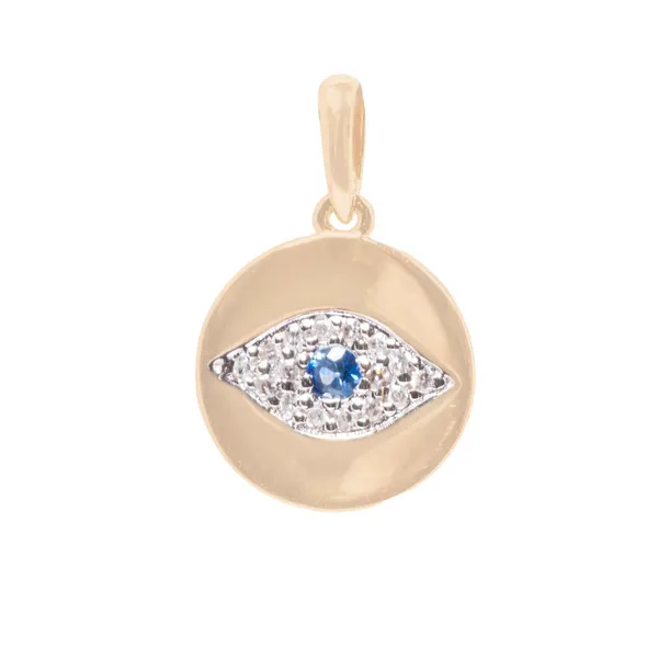 14K Yellow Gold Diamond & Sapphire Coin Style Evil Eye Pendant Erica DelGardo Jewelry Designs Houston, TX