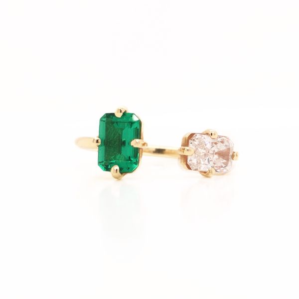 14KY Green Emerald & Radiant Diamond Ring Erica DelGardo Jewelry Designs Houston, TX