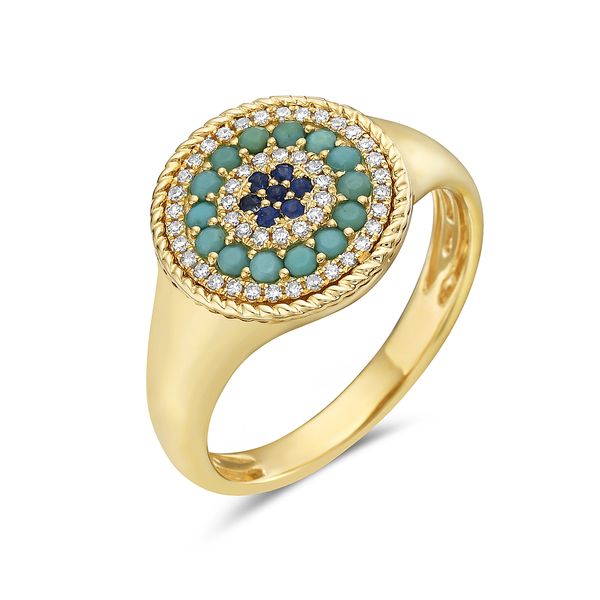14KY Signet Style Turquoise, Sapphire & Diamond Ring Size 7 Erica DelGardo Jewelry Designs Houston, TX