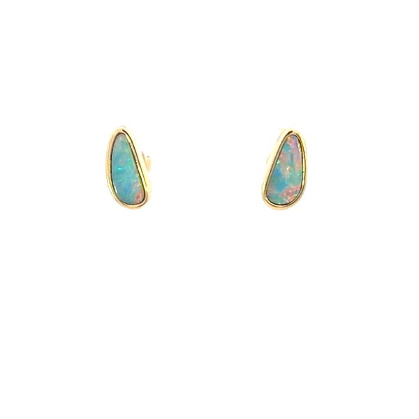 14KY Australian Opal Doublet Small Bezel-Set Earrings Erica DelGardo Jewelry Designs Houston, TX