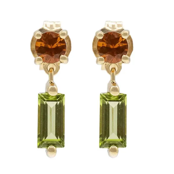 14KY Peridot & Orange Sapphire Dangle Earrings Erica DelGardo Jewelry Designs Houston, TX