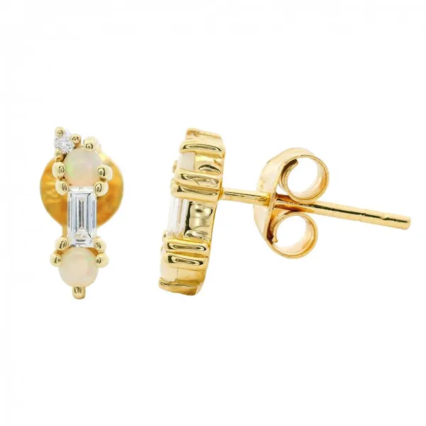 14KY Dainty Baguette Diamond and Opal Studs Image 2 Erica DelGardo Jewelry Designs Houston, TX