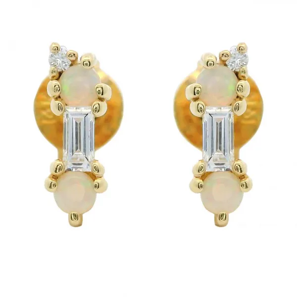 14KY Dainty Baguette Diamond and Opal Studs Erica DelGardo Jewelry Designs Houston, TX