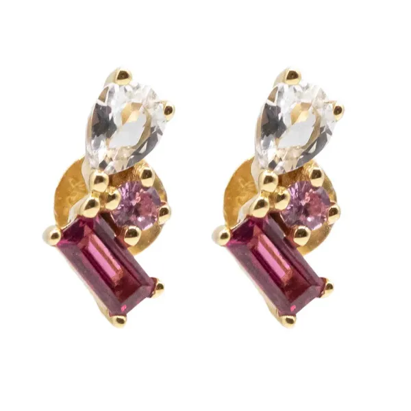 14KY Gold Rhodolite Garnet, White Topaz and Pink Sapphire Cluster Earrings Erica DelGardo Jewelry Designs Houston, TX