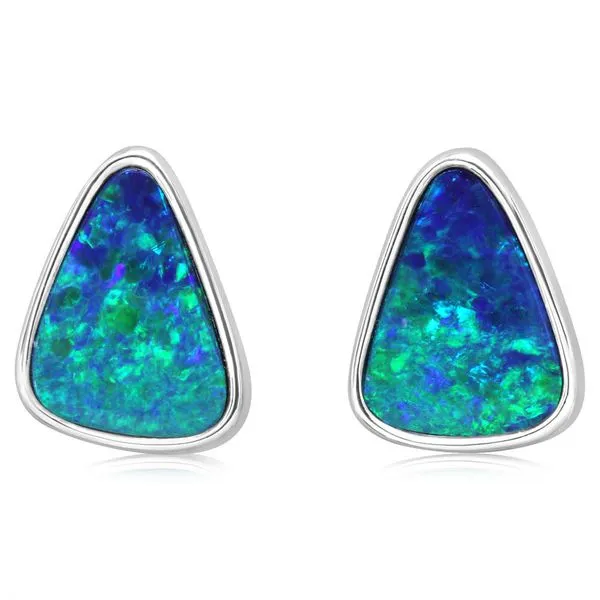 14K White Gold Australian Opal Doublet Small Plain Bezel Earrings Erica DelGardo Jewelry Designs Houston, TX
