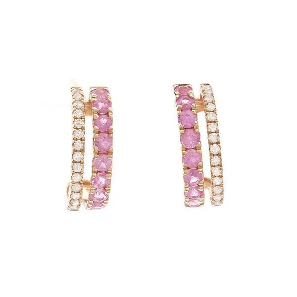 14KY Gold Double Row Pink Sapphire & Diamond Half Hoop Earrings Erica DelGardo Jewelry Designs Houston, TX