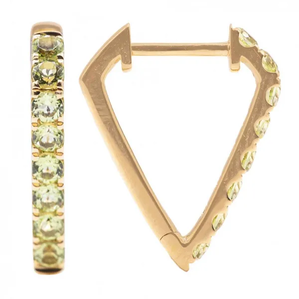 14KY Gold Peridot Pointed V-Shape Hoop Earrings Erica DelGardo Jewelry Designs Houston, TX