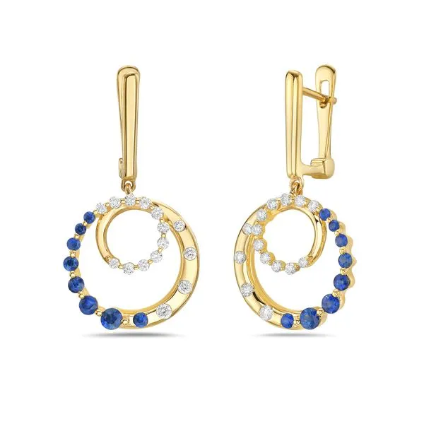 14K Yellow Gold Blue Sapphire and Diamond Double Circle Earrings Erica DelGardo Jewelry Designs Houston, TX