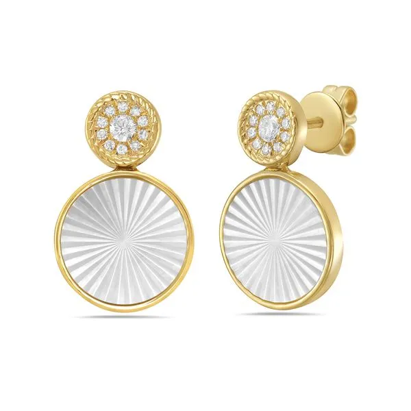 14K Yellow Gold Dangle Mother of Pearl and Diamond Earrings Erica DelGardo Jewelry Designs Houston, TX