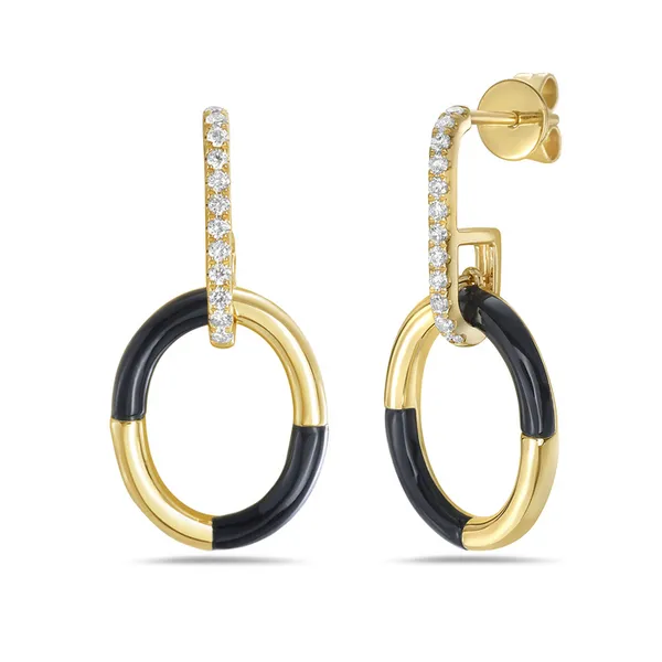 14K Yellow Gold Modern Open Oval Black Agate and Diamond Earrings Erica DelGardo Jewelry Designs Houston, TX