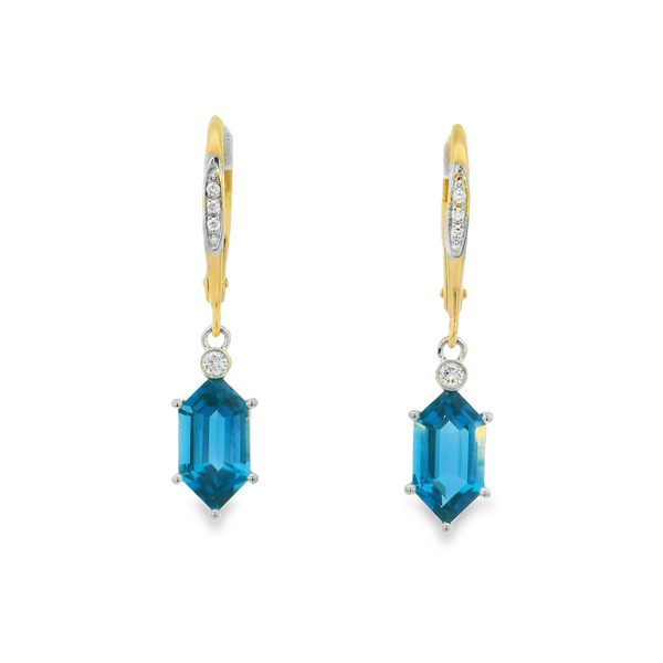 14K Two-Tone Elongated Hexagon London Blue Topaz & Diamond Leverback Earrings Erica DelGardo Jewelry Designs Houston, TX