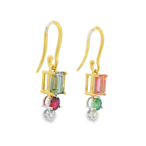 14K Two Tone Pink & Green Tourmaline and Diamond Earrings Image 2 Erica DelGardo Jewelry Designs Houston, TX