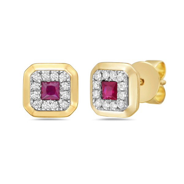 14KY Halo-Style Ruby & Diamond Square Studs Erica DelGardo Jewelry Designs Houston, TX