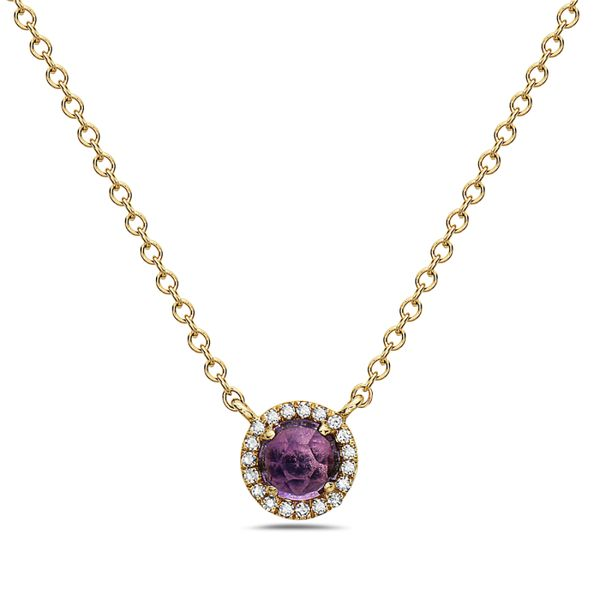14KY Amethyst & Diamond Halo Necklace Erica DelGardo Jewelry Designs Houston, TX
