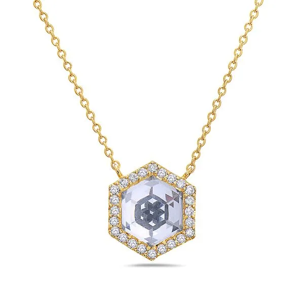 14KY Hexagon White Topaz & Diamond Necklace Erica DelGardo Jewelry Designs Houston, TX