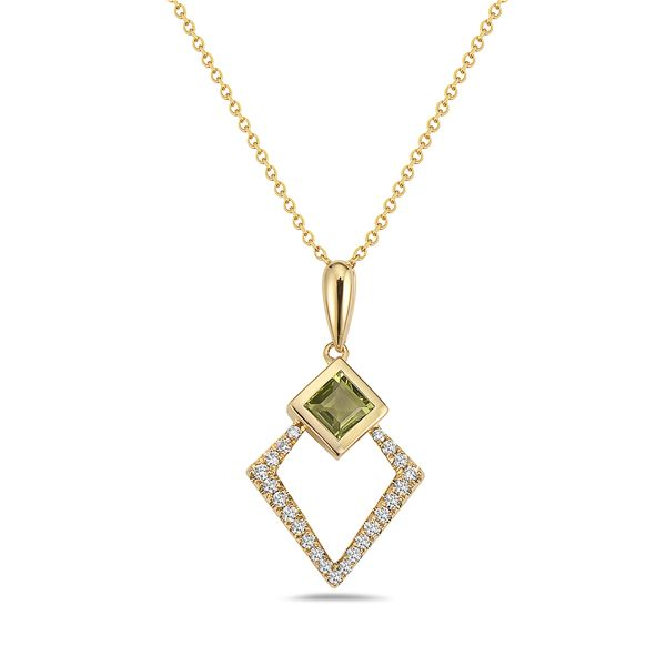 14KY Peridot & Diamond Geometric Drop Necklace Erica DelGardo Jewelry Designs Houston, TX